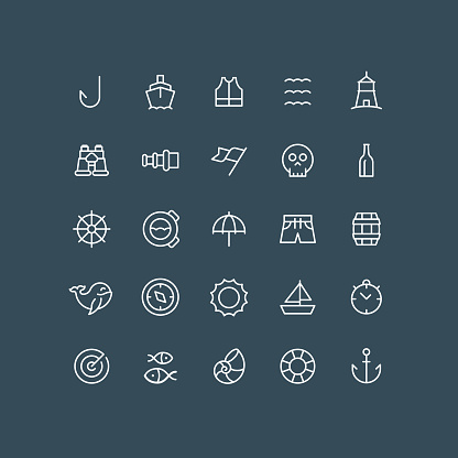 Set of nautical outline vector icons. Editable stroke.