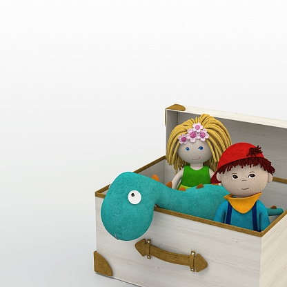 Toy box full of stuffed toys and dolls on neutral background. 3D rendered image.