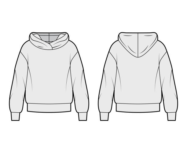 Oversized cotton-fleece hoodie technical fashion illustration with relaxed fit, long sleeves. Flat outwear jumper Oversized cotton-fleece hoodie technical fashion illustration with relaxed fit, long sleeves. Flat outwear jumper apparel template front, back, grey color. Women, men, unisex sweatshirt top CAD mockup hooded shirt stock illustrations