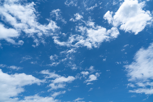 Cumulus clouds and bright blue sky. Wide photo.