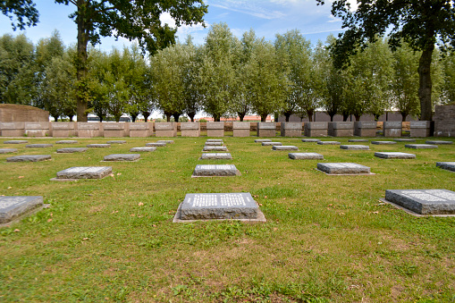 Rows of stone tombstones in a public cemetery