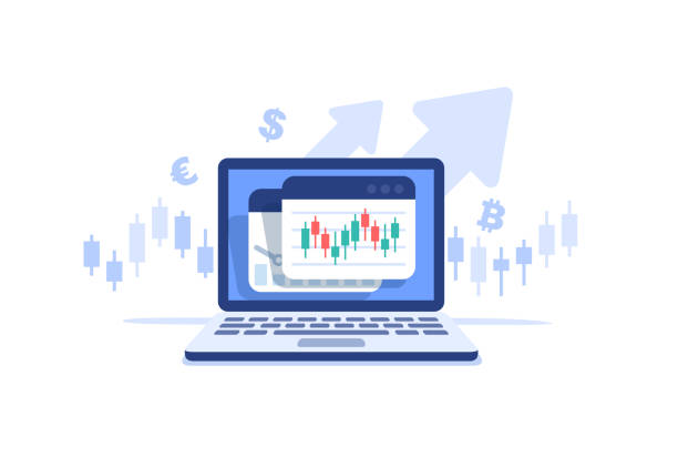 ilustraciones, imágenes clip art, dibujos animados e iconos de stock de gráfico del mercado de acciones en la pantalla del ordenador portátil - forex currency exchange rate stock market