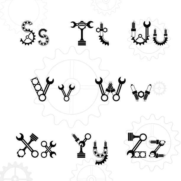 механический шрифт 3 - letter t letter u letter v vector stock illustrations