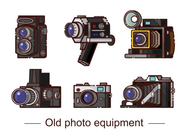 ilustrações, clipart, desenhos animados e ícones de conjunto de equipamentos fotográficos antigos - camera obsolete old white background