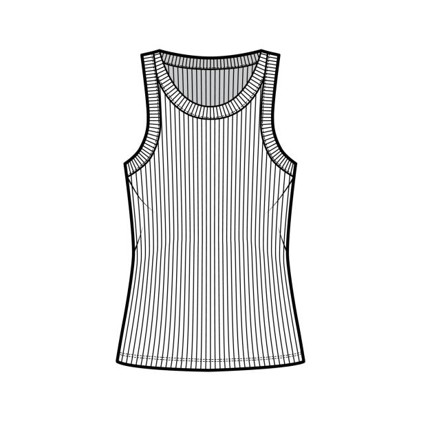 illustrazioni stock, clip art, cartoni animati e icone di tendenza di illustrazione tecnica di moda serbatoio in jersey di cotone a coste con collo a scoop largo, maglia relax fit, camisole di lunghezza tunica - tank top black top t shirt