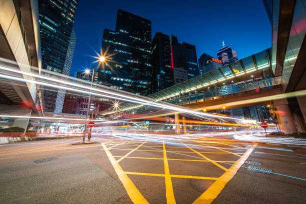 night traffic at central, hong kong - street light street bridge illuminated imagens e fotografias de stock