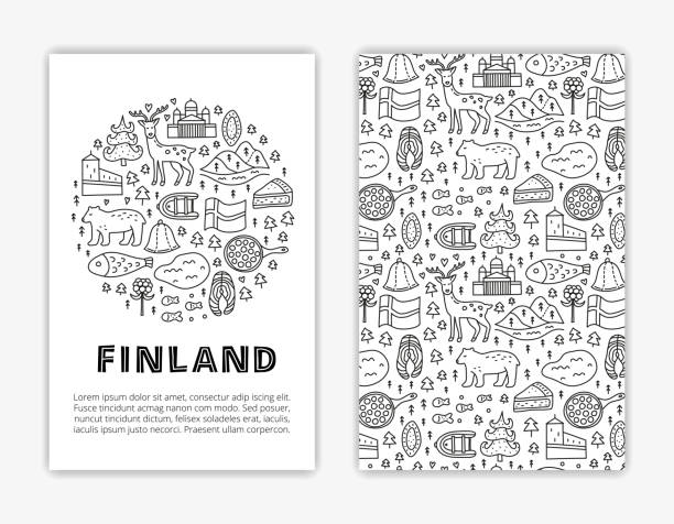 illustrations, cliparts, dessins animés et icônes de modèles de carte avec doodle contour icônes finlande. - laponie