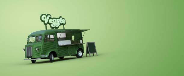 veggie food truck on green background 3D rendering