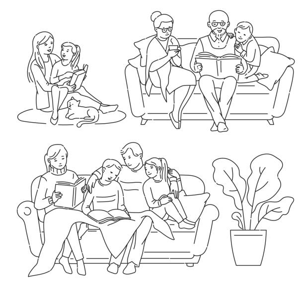 Line art set of people reading a book, sketch vector illustration isolated. Line art set of people reading a book together, sketch vector illustration isolated on white background. Line cartoon characters of family members reading. mother drawings stock illustrations