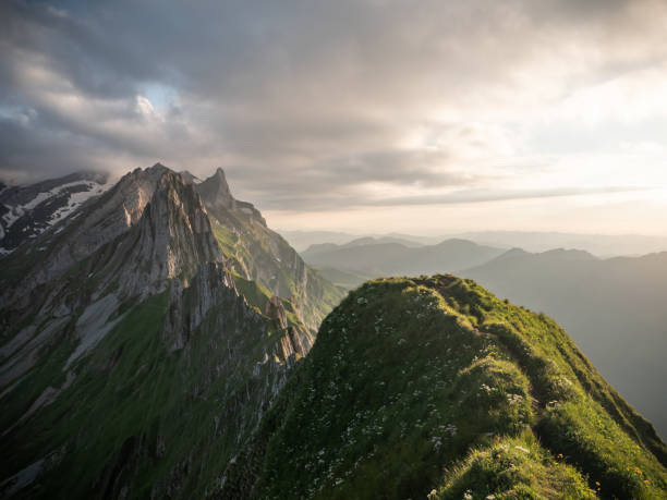 Rocky face mountain and mountain peaks in Appenzell, Switzerland