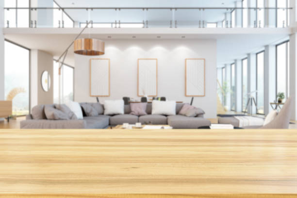 istock Empty Wooden Table in Modern Living Room Background 1266294240