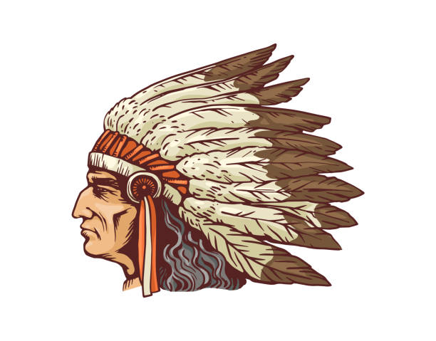 Indian chief portrait in feather headdress, sketch vector illustration isolated. Indian chief head portrait in native feather headdress, sketch cartoon vector illustration isolated on white background. Historic Indian tribe man character. chiefs stock illustrations