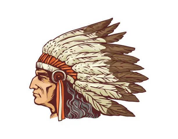 Vector illustration of Indian chief portrait in feather headdress, sketch vector illustration isolated.