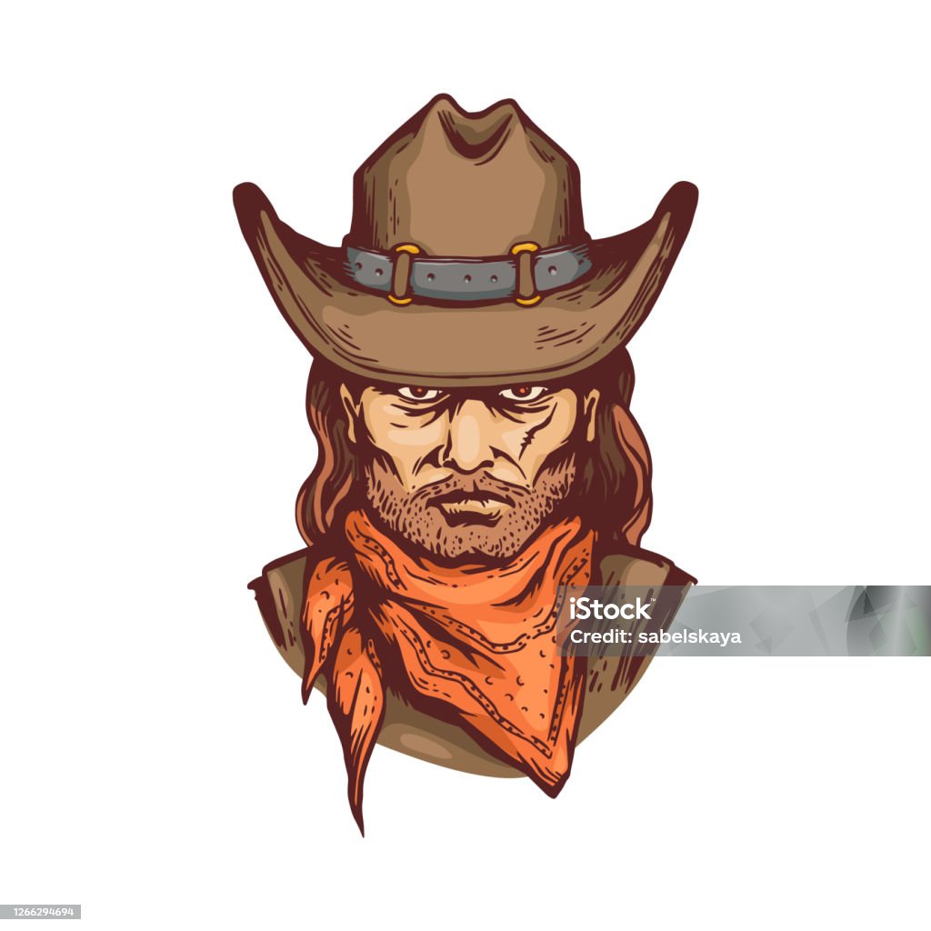 Portrait Of Cowboy In Hat And Bandana Cartoon Vector Illustration Isolated  Stock Illustration - Download Image Now - iStock
