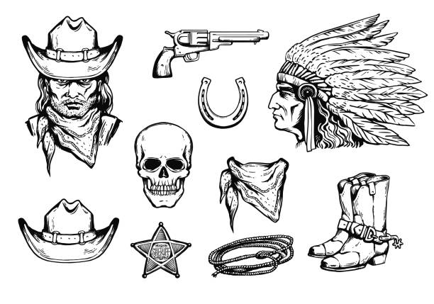 ilustrações de stock, clip art, desenhos animados e ícones de wild west cowboy vintage set of symbols sketch vector illustration isolated - cowboy hat hat wild west black