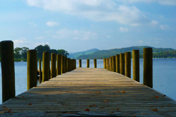 Landscape view of the lakes and mountains of The Lake District, Cumbria, UK with a pier