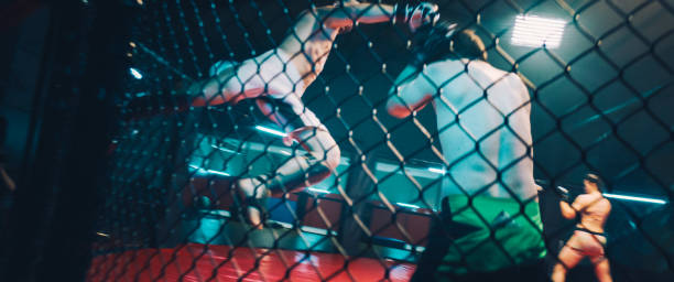 istock MMA fights in octagon. Two Training fights. Jumping and kicking 1266297842