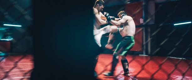 istock MMA fights in octagon. Training fight. Jumping and kicking 1266297852
