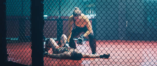istock Female MMA fighters training in octagon. Knock out 1266297895