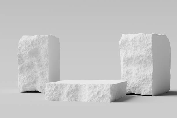 istock White pieces of Stone wall with broken textured edges, debris stone slabs for product display background. 3d  rendering. 1266298607