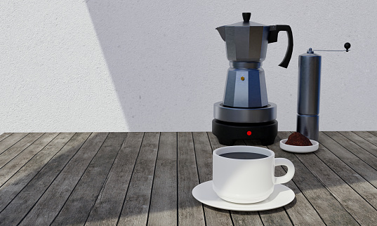 Portable coffee Moka pot for making espresso. Aluminum coffee pot. Use with gas stoves or magnetic stoves. white plaster wall  and  wooden table. White mug and dish.  3d rendering.