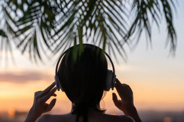 vista para trás silhueta de mulher relaxada usando fones de ouvido meditando ouvindo música na praia ao pôr do sol nos galhos das palmeiras. - tropical climate audio - fotografias e filmes do acervo