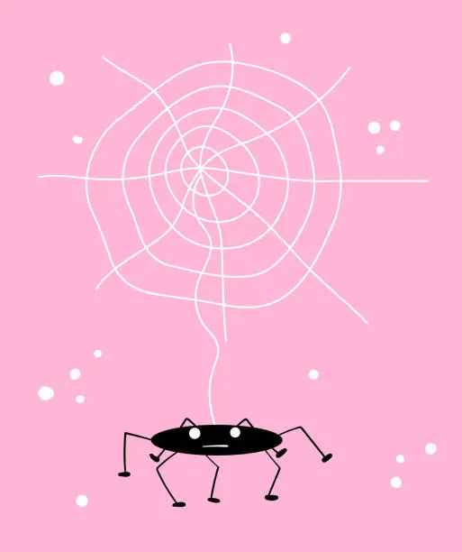 Vector illustration of Happy Halloween hand drawn illustration with spider web and cute funny spider