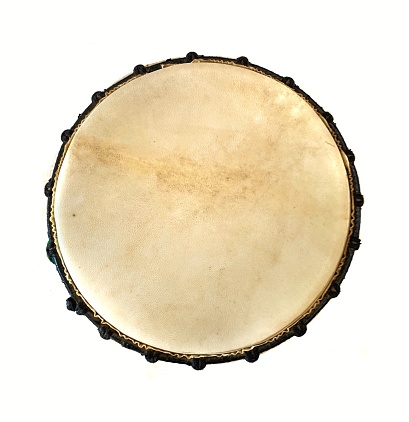 Top view of Djembe, is a rope-tuned skin-covered goblet drum played with bare hands, originally from West Africa , isolated on white