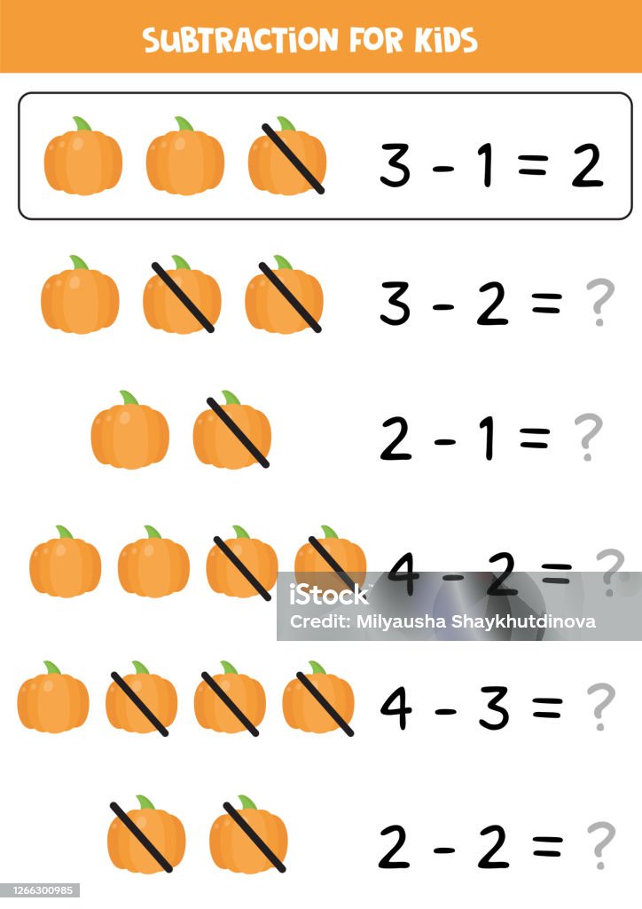 Subtraction Math Problem Cartoon Subtraction With Cartoon Vector Pumpkin Educational Math Game Stock ...
