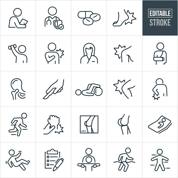 Orthopedics Thin Line Icons - Editable Stroke A set of orthopedics icons that include editable strokes or outlines using the EPS vector file. The icons include an orthopedist, orthopedist giving an exam, medicine, injured foot, injured shoulder, injured knee, injured back, broken arm, person doing rehabilitation, female nurse, person doing physical therapy, person with injury, human hip, surgery using a scalpel, person rehabbing using an exercise ball, injured wrist, knee x-ray, knee bone, patient in hospital bed, person slipping and falling, checklist, physical therapist, person doing water rehabilitation and other related icons. pain symbols stock illustrations