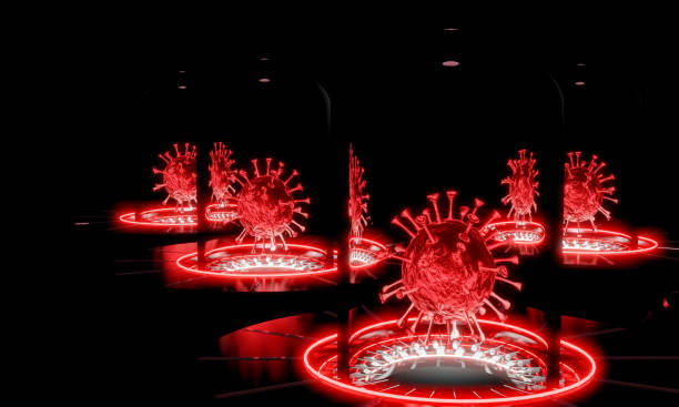 istock Laboratory, scientific research room for virus experiment, Coronavirus model COVID-19. Experiment to create a virus in the sci-fi movie scene. Power charging stand and red fluorescent test tube. 3D Rendering 1266303065