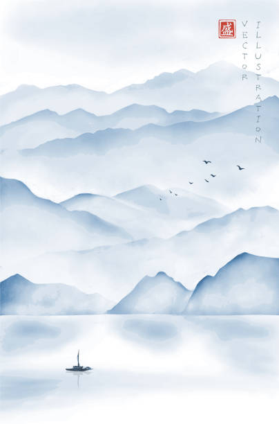 ilustrações de stock, clip art, desenhos animados e ícones de landscape with misty mountains, fishing boat and flock of birds. traditional oriental ink painting sumi-e, u-sin, go-hua. hieroglyph - blossom. - típico oriental