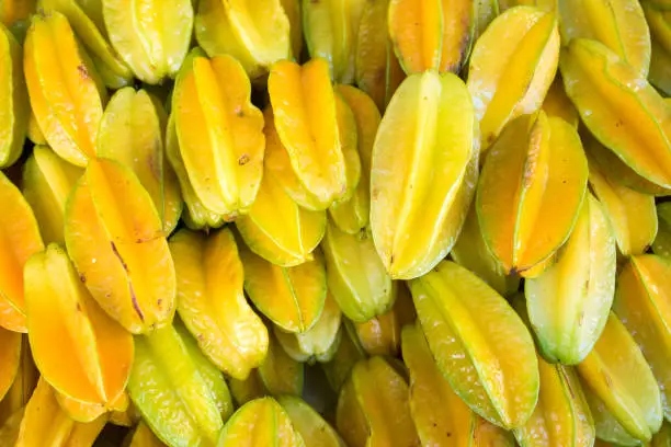 Pile of Fresh Star Apple or Carambola Fruits at the Market.