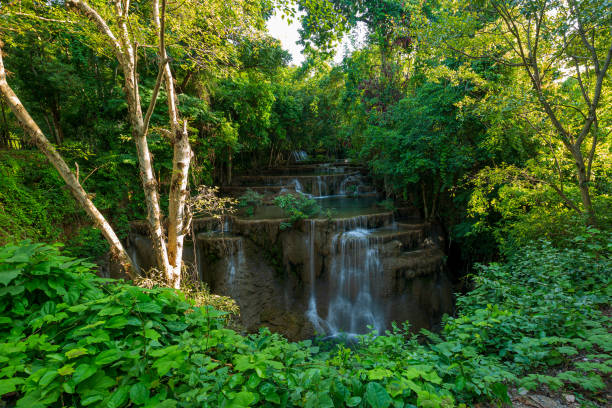 waterfalls in the tropical rain forest call is huay mae khamin waterfall , kanchanaburi provice , thailand - travel travel locations nature erawan imagens e fotografias de stock