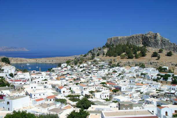 istock Panoramic View of Beautiful Lindos Village with the Acropolis 1266307177