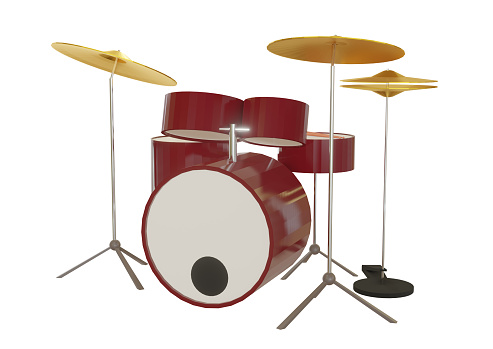 Close-up of two wooden drumsticks and an old metallic snare drum, isolated on white background, photography. Percussion instrument.