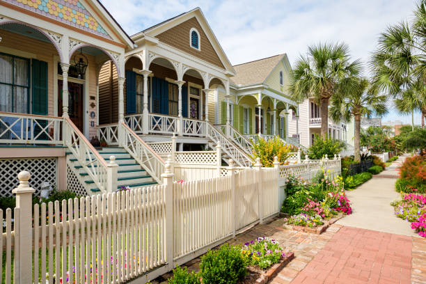 Galveston, Texas USA - May 6, 2014: The Silk Stocking Residential Historic District contains beautifully restored vintage homes of the Queen Anne architecture style in this coastal community.