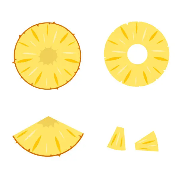 Vector illustration of Pineapple slices set: slices in and without peel. Fruits isolated on a white background. Stock vector illustration.