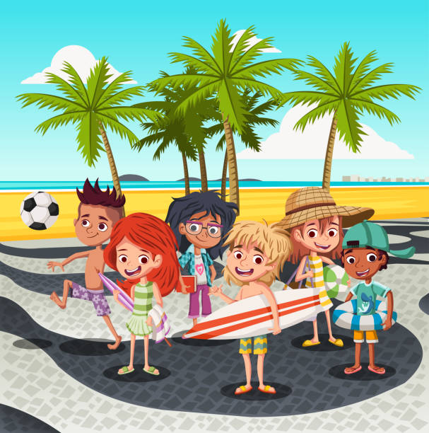 cartoon kinder auf copacabana strand bürgersteig. - rio de janeiro copacabana beach ipanema beach brazil stock-grafiken, -clipart, -cartoons und -symbole