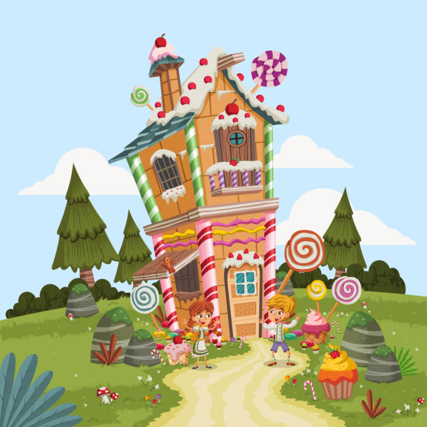 ilustrações, clipart, desenhos animados e ícones de hansel e gretel na frente da casa de doces. - fairy tale house witch candy