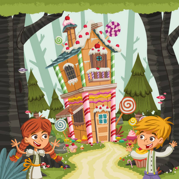 ilustrações, clipart, desenhos animados e ícones de hansel e gretel na frente da casa de doces. - fairy tale house witch candy