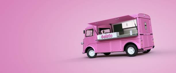 grey vintage food truck on blue background 3d rendering - ice cream truck imagens e fotografias de stock