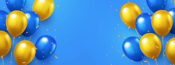 illustrations, cliparts, dessins animés et icônes de conception d’accueil dans les couleurs bleues et jaunes nationales avec des ballons d’hélium volant réalistes. - yellow balloon