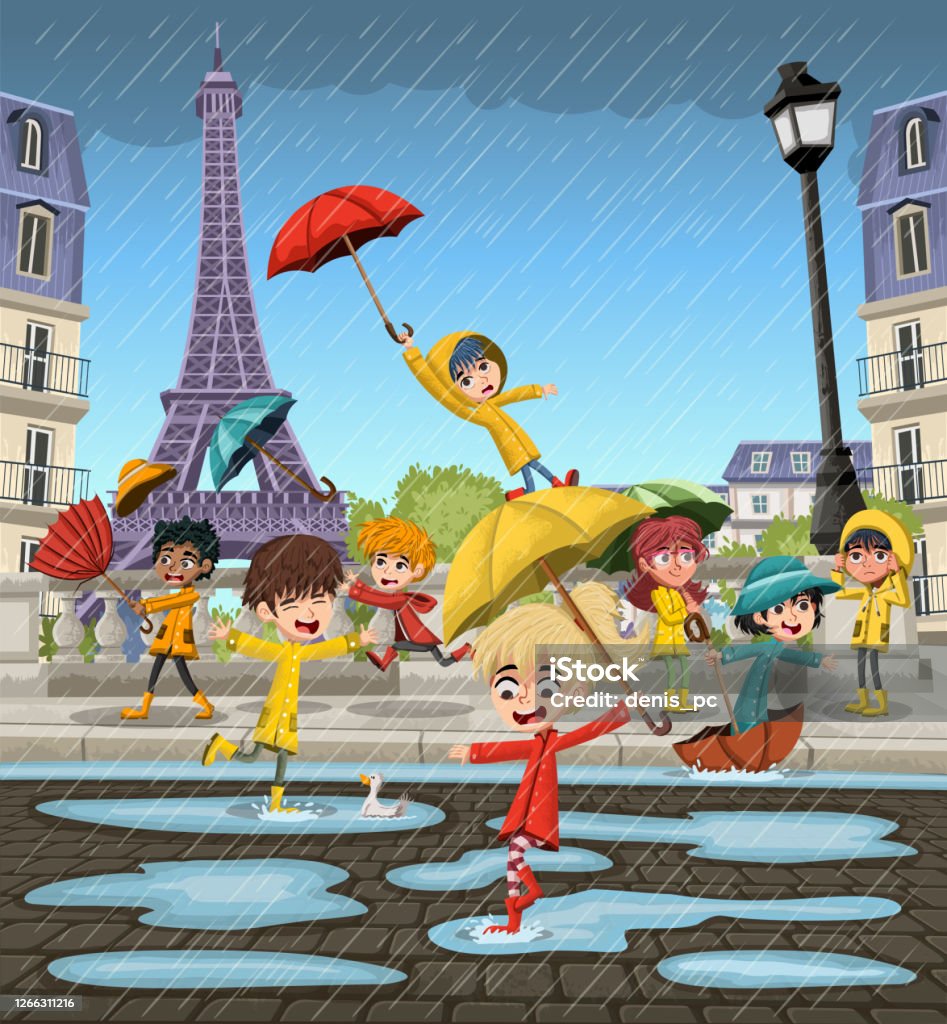 Rainy Day With French Cartoon Children Playing On The Streets Of Paris  Stock Illustration - Download Image Now - iStock