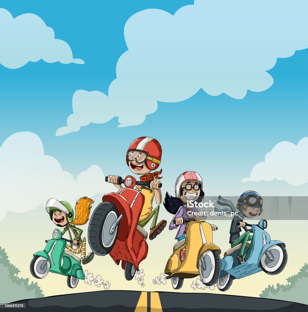 Cartoon Characters With Helmets Riding Scooters Stock Illustration -  Download Image Now - Cartoon, Friendship, Motorcycle - iStock