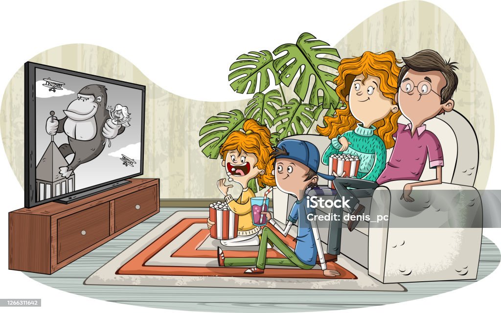 Happy Cartoon Family In The Living Room Stock Illustration - Download Image  Now - Movie, Brother, House - iStock