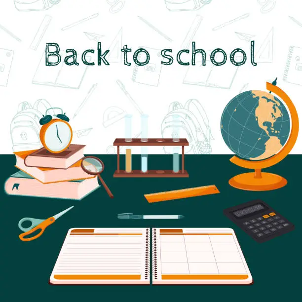 Vector illustration of A set of design elements on the theme Back to school, online education. Concept. Flat style. Square shape. The background is a pattern of Doodle elements. Color vector illustration