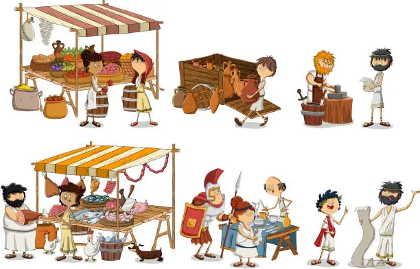 Vector illustration of Ancient civilization with people working.