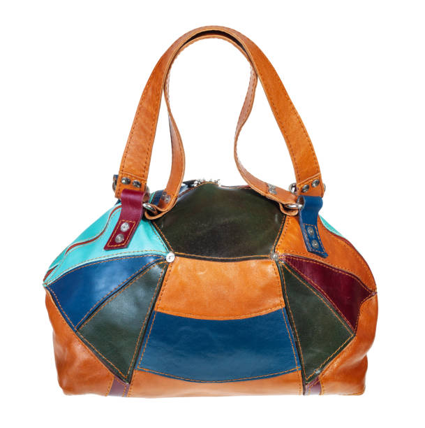 side view of patchwork leather travel bag isolated