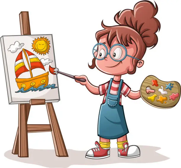 Vector illustration of Cartoon girl painting a boat